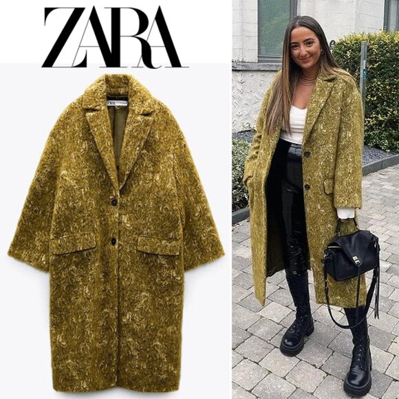 💋UBER GORGE!💋ZARA JACQUARD WOOL /ALPACA /MOHAIR OVERSIZED COAT IN OIL - Picture 1 of 16